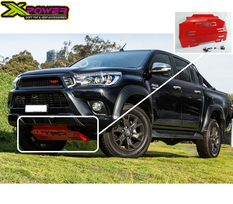 Right side view image of the Toyota Hilux Revo with the Red Steel Engine Skid Plate with 8 airflow channels and the TRD logo installed.