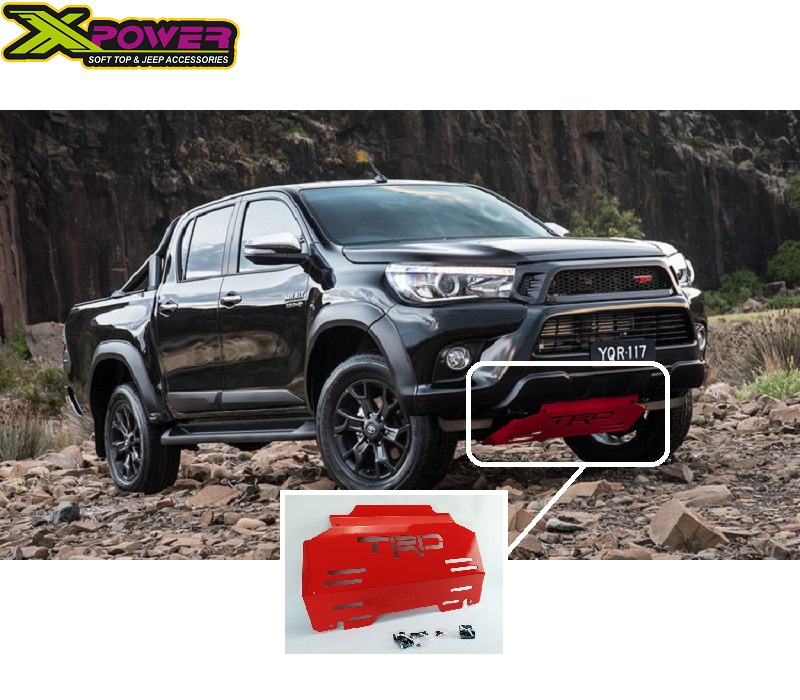 Left side view image of the Toyota Hilux Revo with the Red Steel Engine Skid Plate with 8 airflow channels and the TRD logo installed.