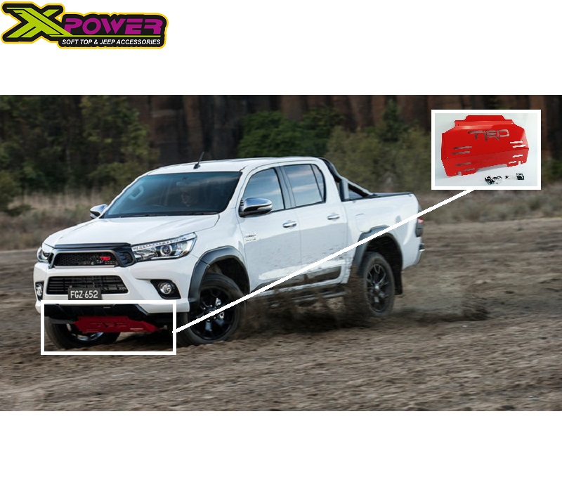 Far View image of the Toyota Hilux Revo with the Red Steel Engine Skid Plate with 8 airflow channels and the TRD logo installed.