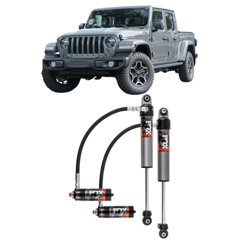 Main product presentation photo / thumbnail showing a Jeep Gladiator JT, along with the Front FOX Shocks Performance Elite 2.5 Reservoir Adjustable DSC Lift 0-1,5″