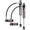 Close-up product photo of the Front FOX Shocks Performance Elite 2.5 Reservoir Adjustable DSC Lift 0-1,5″', in black, silver and orange, and the FOX logo.