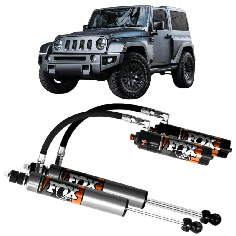 Main product presentation photo / thumbnail showing a Jeep Wrangler JK, along with the Front FOX Shocks Performance Elite 2.5 Reservoir Adjustable DSC Lift 0-2"