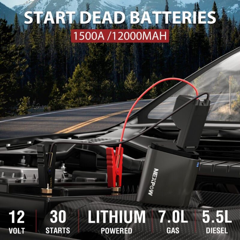 Image showing the specs of the AKB-V600 12V Battery Jump Starter 7200mAh And Vacuum Cleaner - NEXPOW - Easily jump start 7L gas and 5.5L diesel engines.