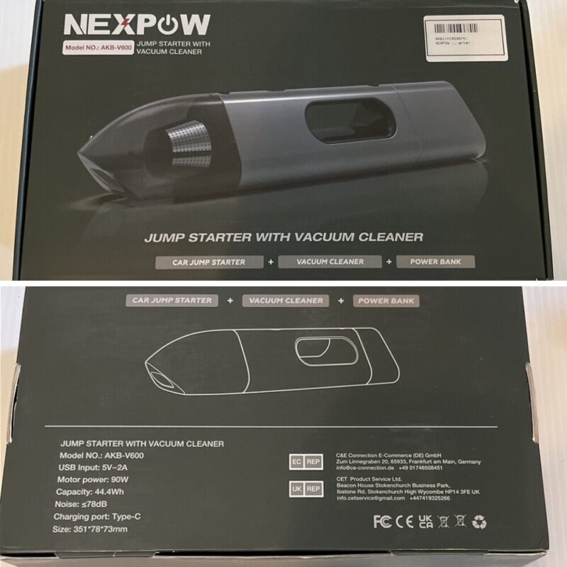 AKB-V600 12V Battery Jump Starter 7200mAh And Vacuum Cleaner - NEXPOW - The actual box the client will receive on a front and rear view, displaying the SKU, specs, NEXPOW brand logo and more.