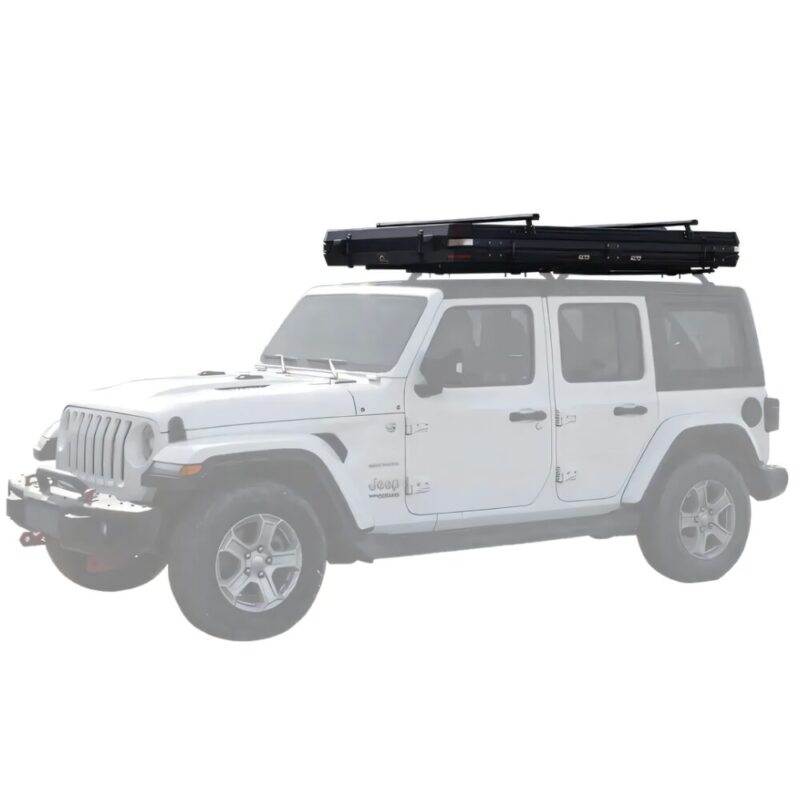The image shows the closed camping rooftop car tent in its textured hard shell, with WildLand's 2 pack roof bars installed side by side from driver side to passenger side. Even with the bars the shell does not protrude much in height from the car.