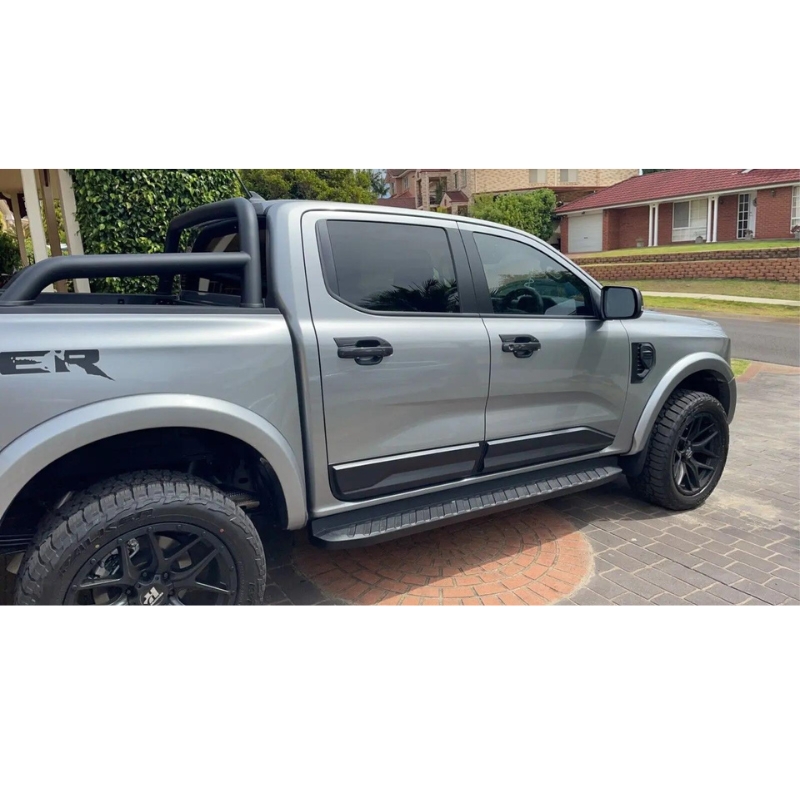 Ford Ranger T9 2023+ Body Cladding Applied On A Silver Ranger, Side View
