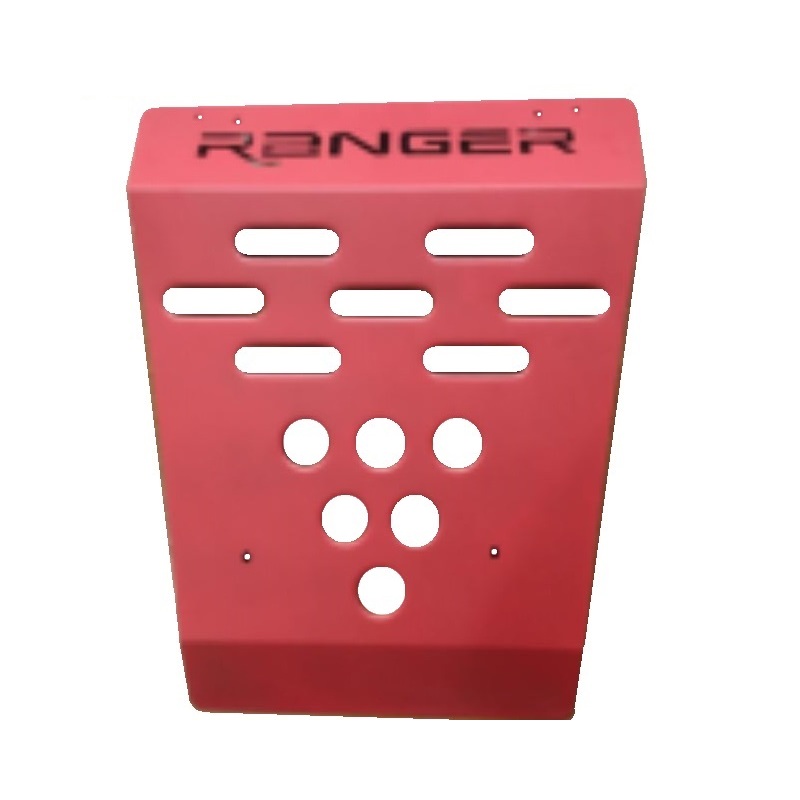 Product display photo of the RED, with 12 airflow channels Ford Ranger T6-T7 2012-2019 Engine Skid Plate