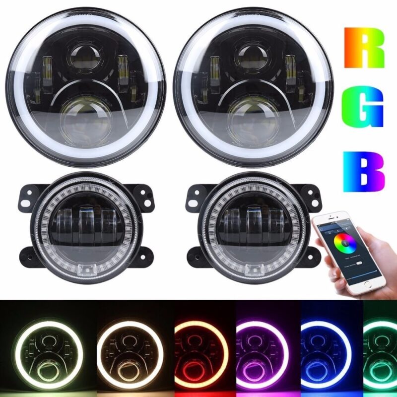 Jeep Wrangler JK LED RGB Headlights And Fog Lights Kit [Cross Eye] RGB Function