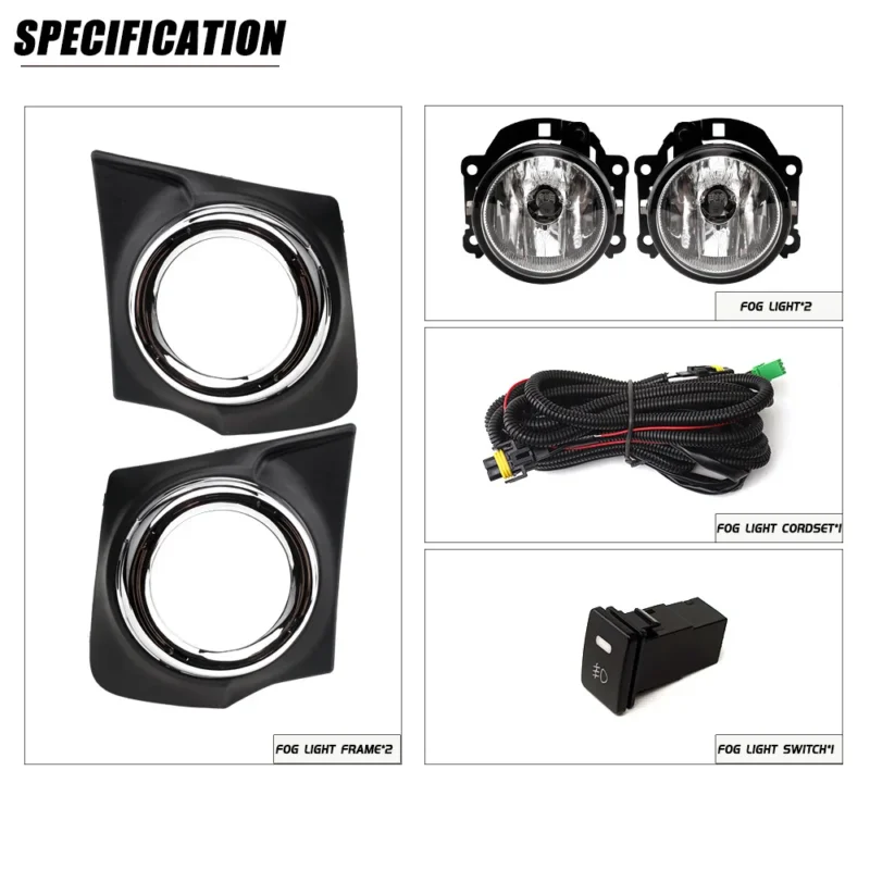 The image shows car fog light components and their specifications. It includes two fog light frames, two fog lights, a fog light cordset, and a fog light switch. Each item is labeled and arranged neatly within a grid layout. The word "SPECIFICATION" is at the top.