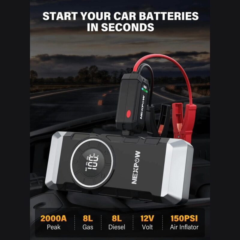 Picture showing NP2 12000mAh battery jump starter and air pump features such as: 2000A, 12V and 150PSI air compressor.