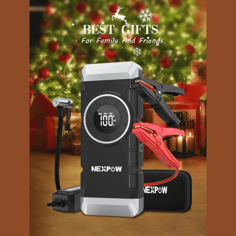 Decorative image stating that the 12000mAh Car Battery Booster And Air Compressor is an ideal gift for relatives and friends, showing it under a Christmas tree.