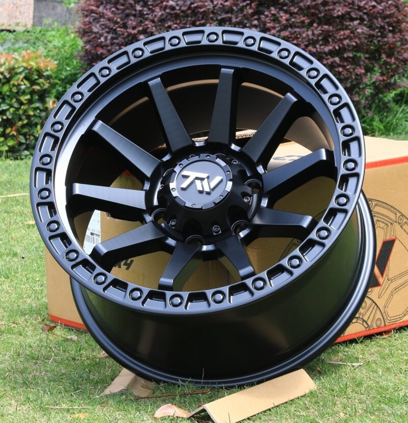 Top view of TW Wheels T21 Full Black displayed on grass