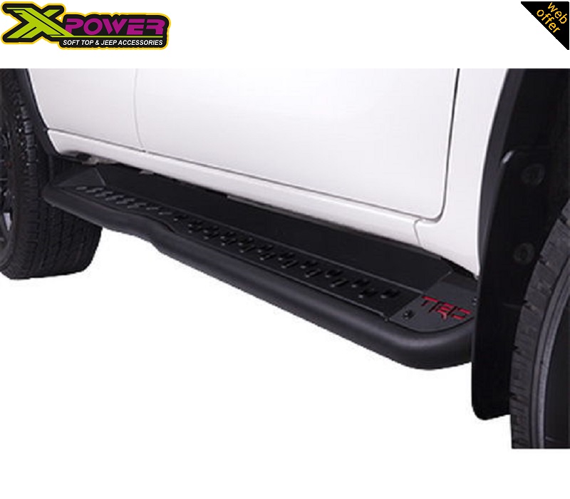 Image showing the Toyota Hilux Revo-Rocco 2015-20 Steel Side Steps - TRD installed on a Toyota Hilux.