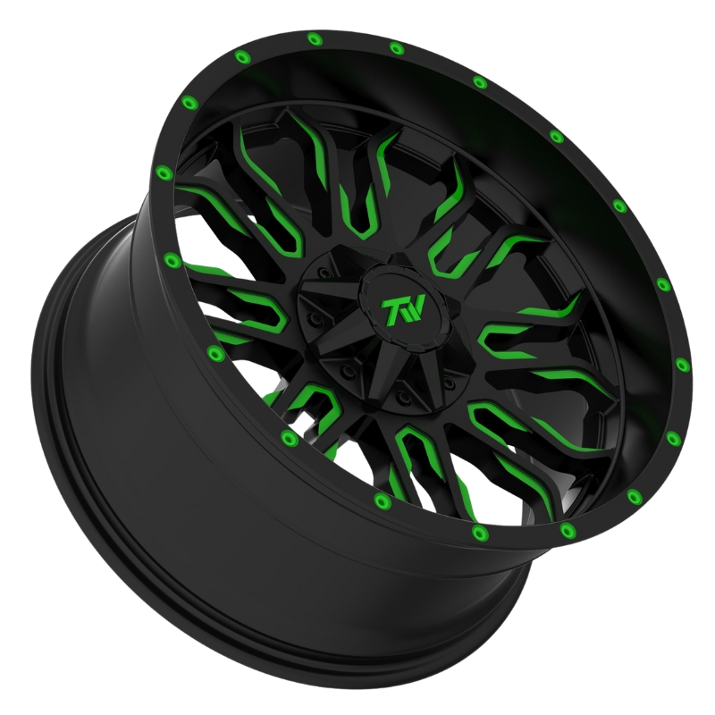 Product display photo of the Aluminum Wheels 20″ 6×135/6×139.7 - TW Wheels T8 Flame Green