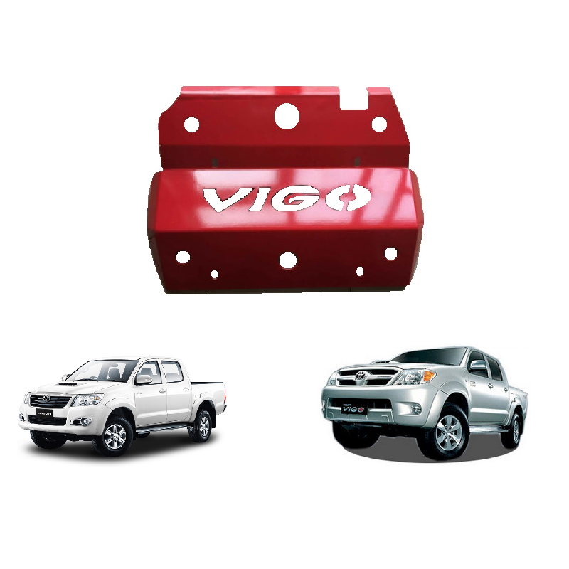 Far View image of two Toyota Hilux vehicles with the red aluminum Engine Skid Plate with a Vigo logo.
