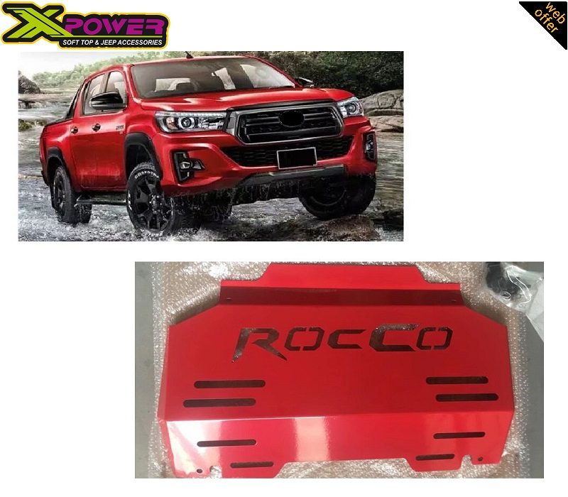 Side view image of the Toyota Hilux Rocco with the Red Steel 2018-2020 Engine Skid Plate featuring the Rocco logo.
