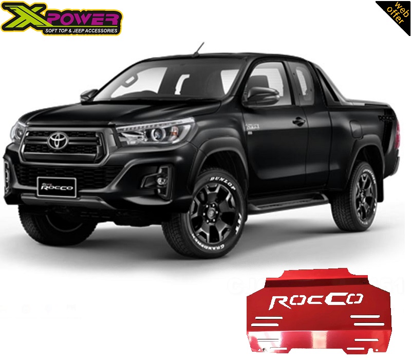 Image of the Toyota Hilux Rocco with the Red Steel 2018-2020 Engine Skid Plate featuring the Rocco logo.