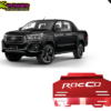 Close inspection of a black Toyota Hilux Rocco with the Red Steel 2018-2020 Engine Skid Plate featuring the Rocco logo.