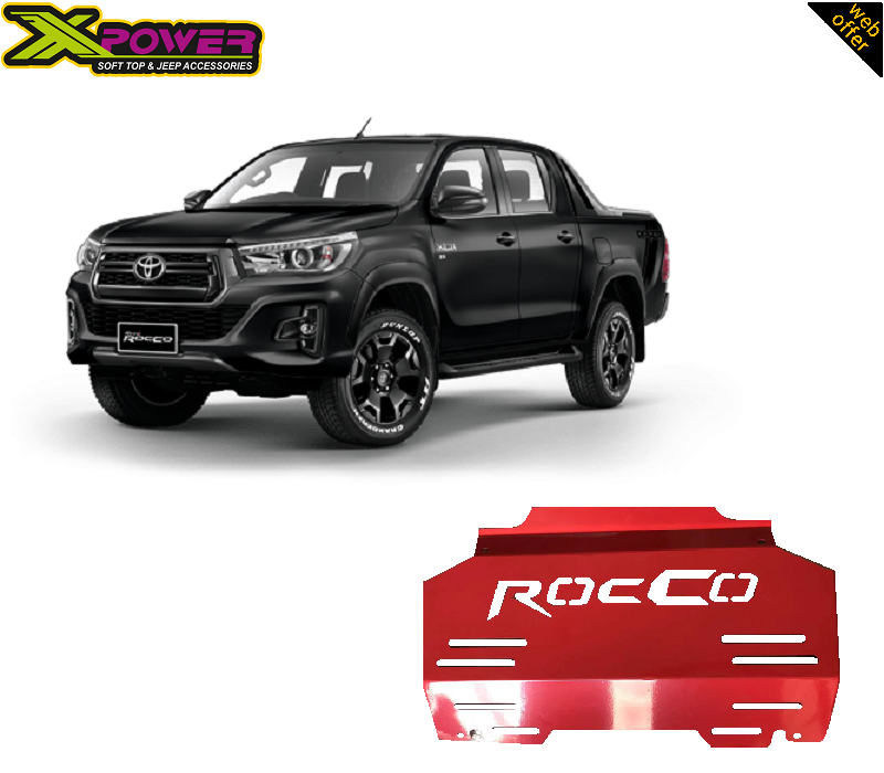 Close inspection of a black Toyota Hilux Rocco with the Red Steel 2018-2020 Engine Skid Plate featuring the Rocco logo.