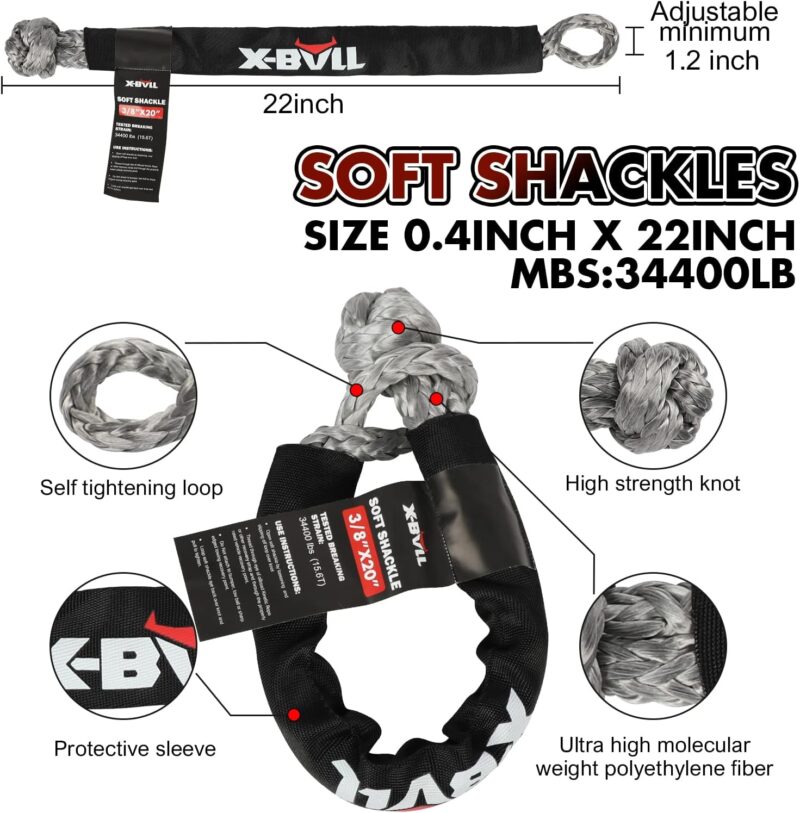 X BULL Tow Strap Recovery Kit 78 x 30' Kinetic Recovery & Tow Rope (34000 lbs) with 2 Spectra Fiber Soft Shackles 38 x 22 (34,000 lbs)，Offroad Recovery Kit for UTV, ATV, Truck, Car (3)