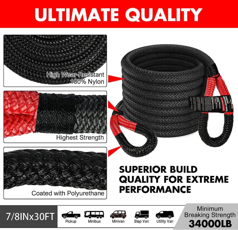 X BULL Tow Strap Recovery Kit 78 x 30' Kinetic Recovery & Tow Rope (34000 lbs) with 2 Spectra Fiber Soft Shackles 38 x 22 (34,000 lbs)，Offroad Recovery Kit for UTV, ATV, Truck, Car (4)