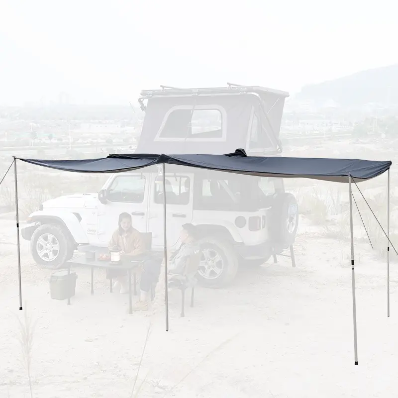 Image showing the 270 Degree UV50+ Retractable Car Awning - WildLand open, with 4 telescopic adjustable poles, plastic feet and stakes.