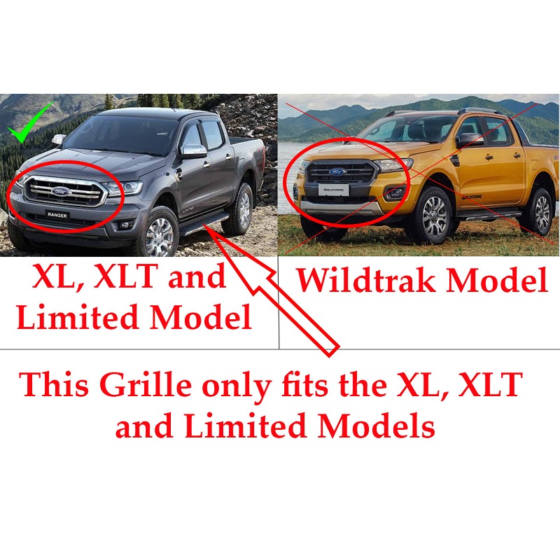 Informative image explaining that the Ford Ranger T8 2019-22 Front Grille - Redo is copmatible with the XL, XLT and Limited editions
