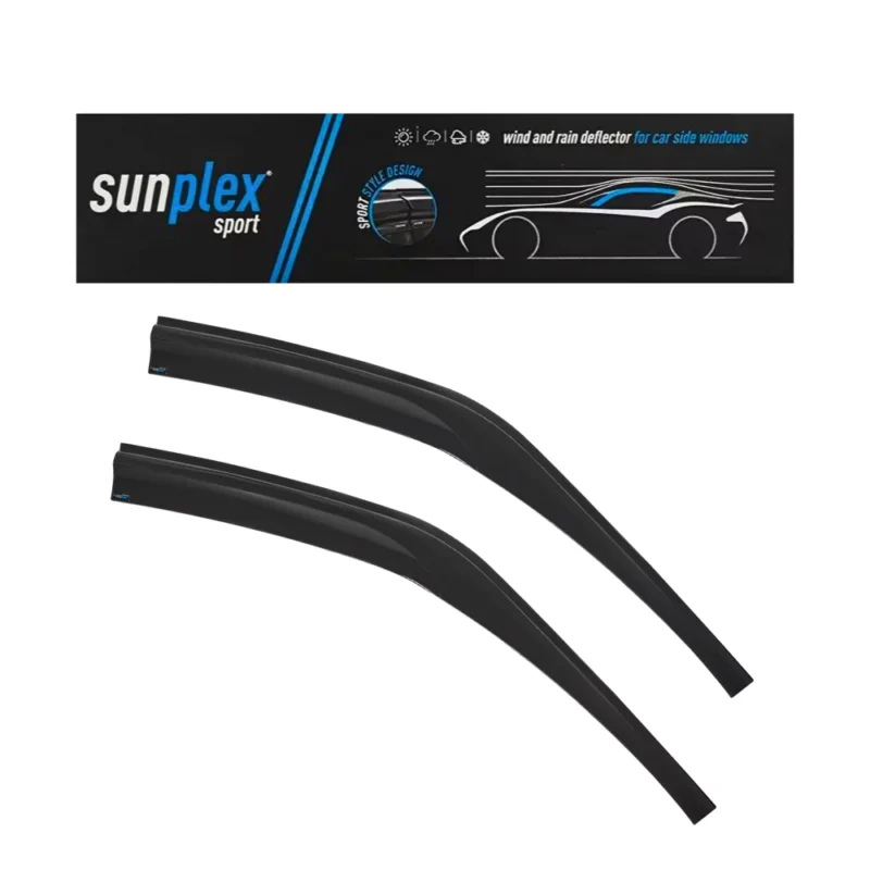 Display photo of the Sunplex tinted wind deflectors packaging for Ford Transit 2014+.