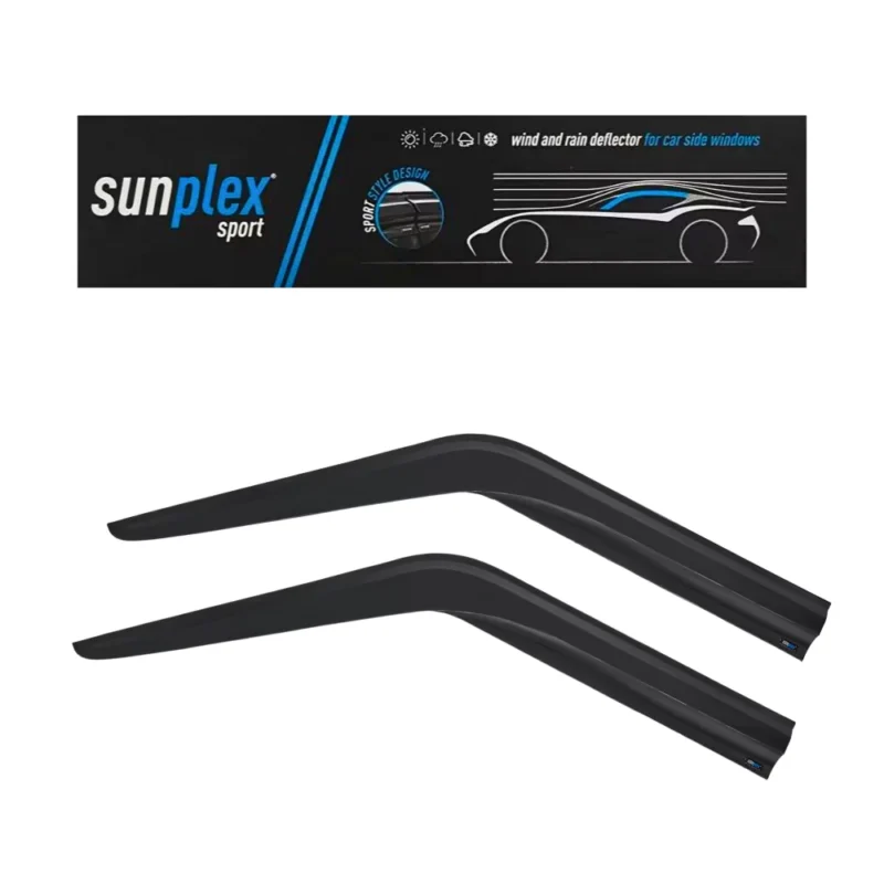 Display photo of the Sunplex tinted wind deflectors packaging for Ford Transit 2002-13.