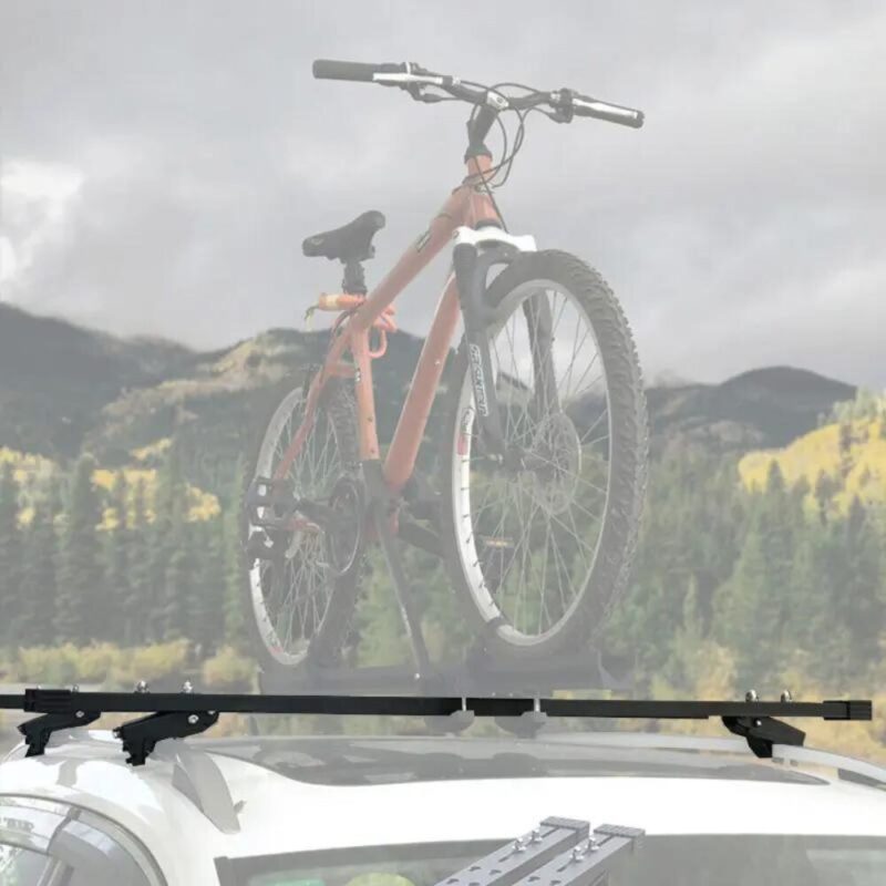 Image showing the Universal Adjustable Car Roof Rack Cross Bars - WildLand carrying a tied-up bicycle upright.