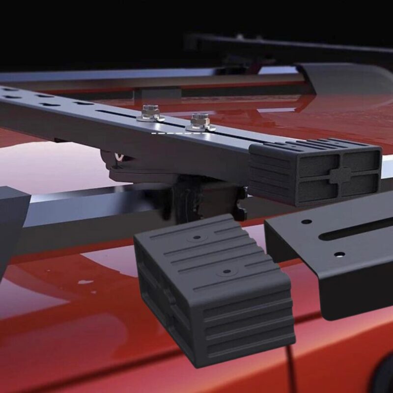 The Universal Adjustable Car Roof Rack Cross Bars - WildLand installed. Also, close-up with the rubber protective cover removed from the corners.