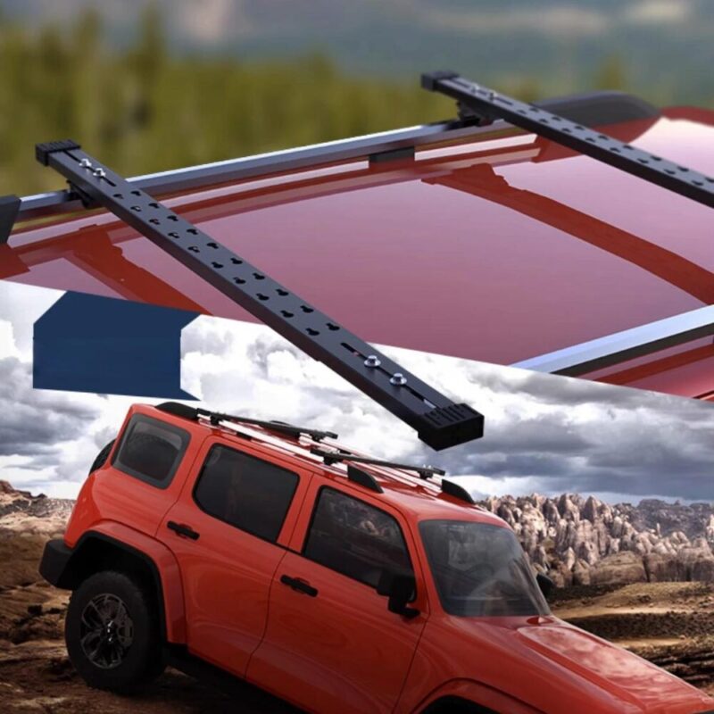 Side view of an SUV with the Universal Adjustable Car Roof Rack Cross Bars - WildLand installed. The image shows that the bars do not protrude above the vehicle height at all.