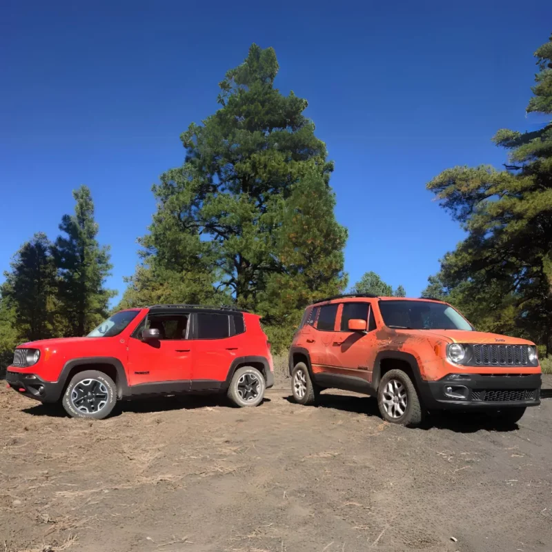 Side view image of two Jeep Renegade, one is lifted 40mm while the other is not.