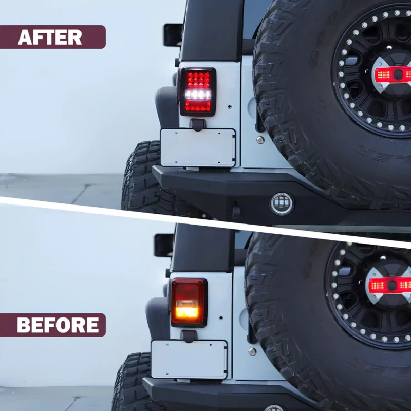 The Wrangler JK before and after the installation of the tail lights.