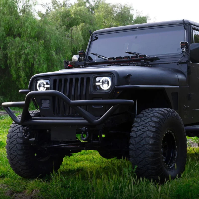 Image showing the Small Angel headlights installed on the Wrangler YJ.