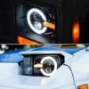 Close-up image of the installed Small Angel headlights.