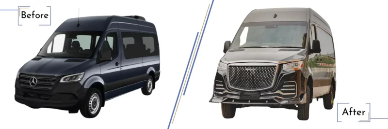 The Mercedes Sprinter before and after the installation of the Body Kit - Star Style.