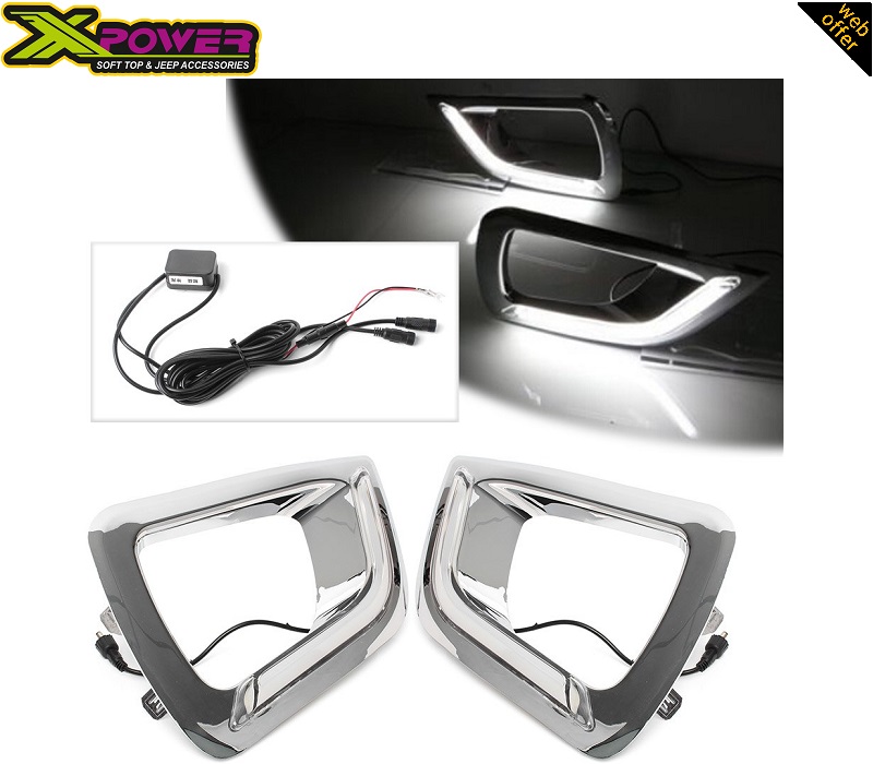 DRL LED Fog lamp covers / Fog light covers illumination showcase, cables, and silver frame.