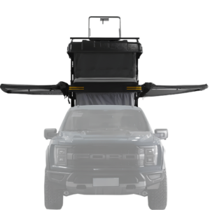 Front view of a pickup truck equipped with the two-story Safari Cruiser car roof top tent by WildLand. The top hatch/skylight is open, and the side car awnings are set up in a 360 degree angle arond the car.