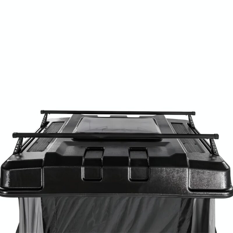 Top view of the Safari Cruiser Two-Story Car Roof Top Tent by WildLand, featuring a roof rack and closed skylight, highlighting its compact and efficient design for camping.