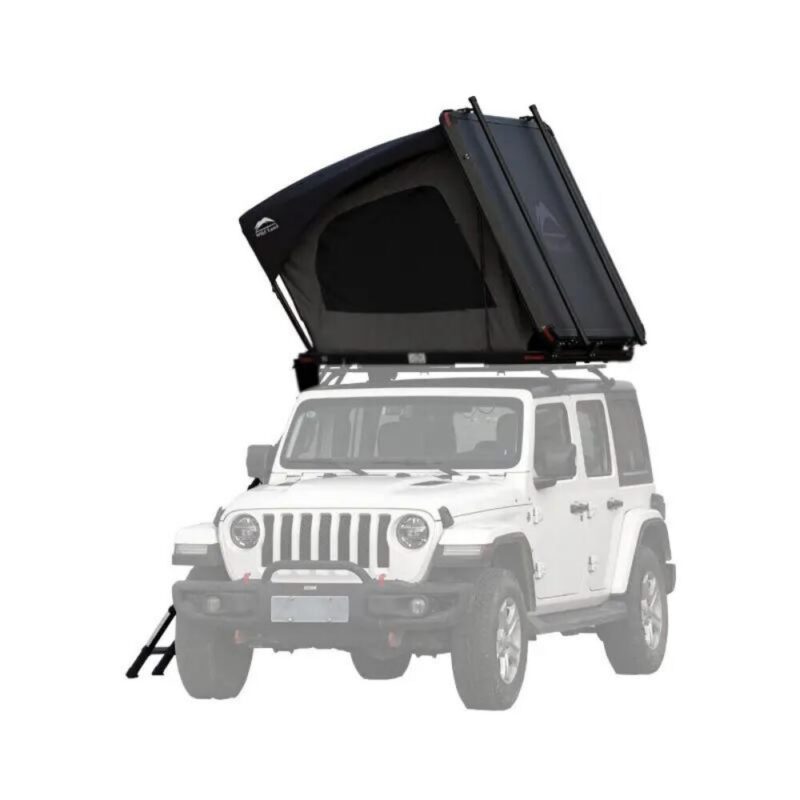 2 People Car Roof Top Tent Desert Cruiser Pro 140 - WildLand front view with transparent jeep wrangler JL, the tent is the same size as the Jeep's cabin.