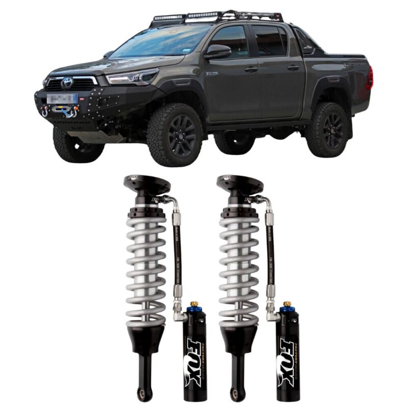 Toyota Hilux Revo 2020+ with Front Adjustable FOX Shocks – Factory Race 2.5 Coil-Over Reservoir Lift 0-2″, product showcase.