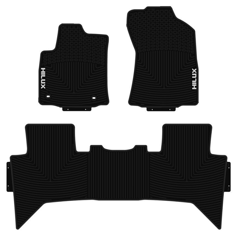 Product photo of the OEM rubber floor mats with the Hilux logo in gray for Toyota Hilux