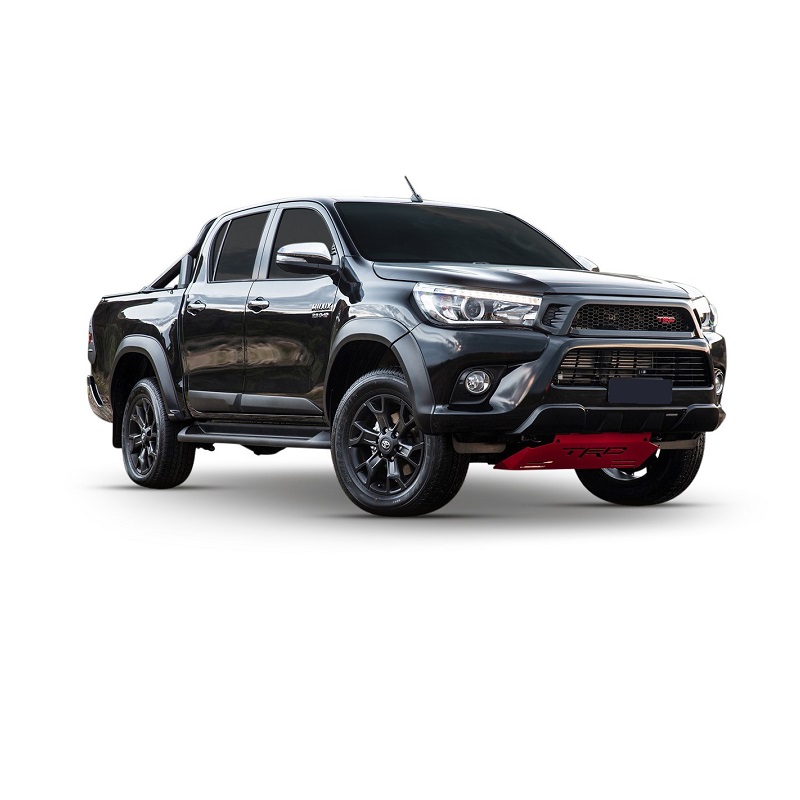 Side image of the Toyota Hilux Revo model, with the Red Steel Engine Skid Plate installed.