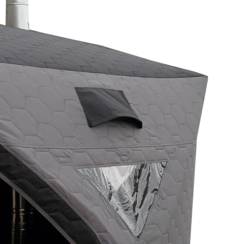 Portable Thermal Sauna Tent With Chimney - WildLand, side vents. The vent is upside down to keep water and snow out.
