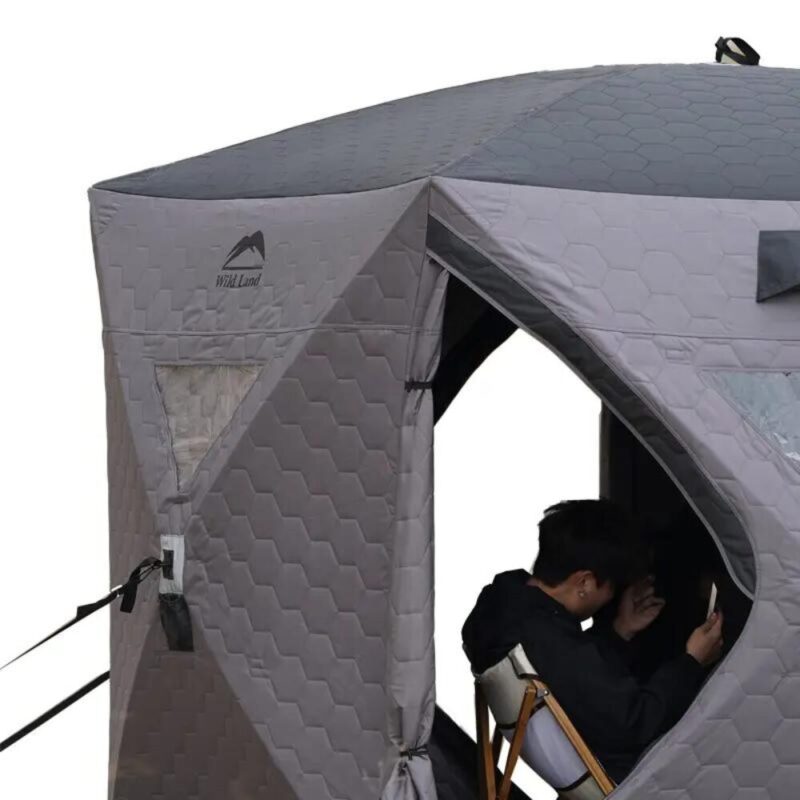 Portable Thermal Sauna Tent With Chimney - WildLand. The picture shows that the tent has 2 D-shaped entrances.