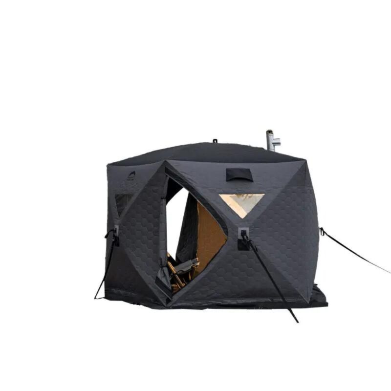 Portable Thermal Sauna Tent With Chimney - WildLand from afar. It has 5 sides, its dark and there are straps flying out of the tent on pegs and rocks.