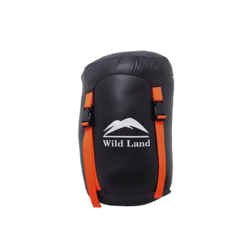Product transport case photo: Duck Feather Sleeping Bag - WildLand. The sleeping bag has been closed like a sausage and transformed into a carry bag of itself. Small size with straps - clips.