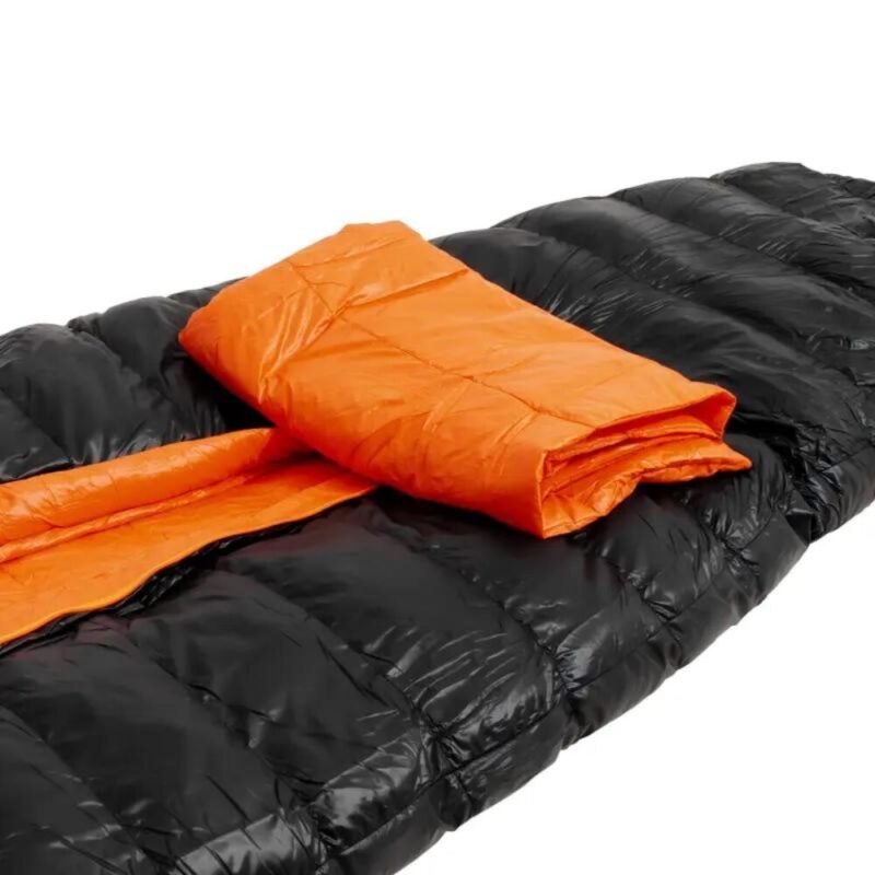 Product photo: Duck Feather Stuffed Sleeping Bag. The image focuses on the bright orange outer layer - quilting of the bag.