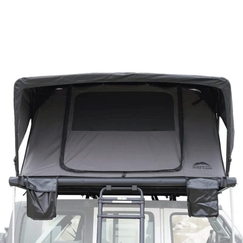 Front view product showcase photo: Car Rooftop Tent 4-6 People Wild Cruiser 250 - WildLand. Large entrance and shoe pockets on the left and right of the tent.